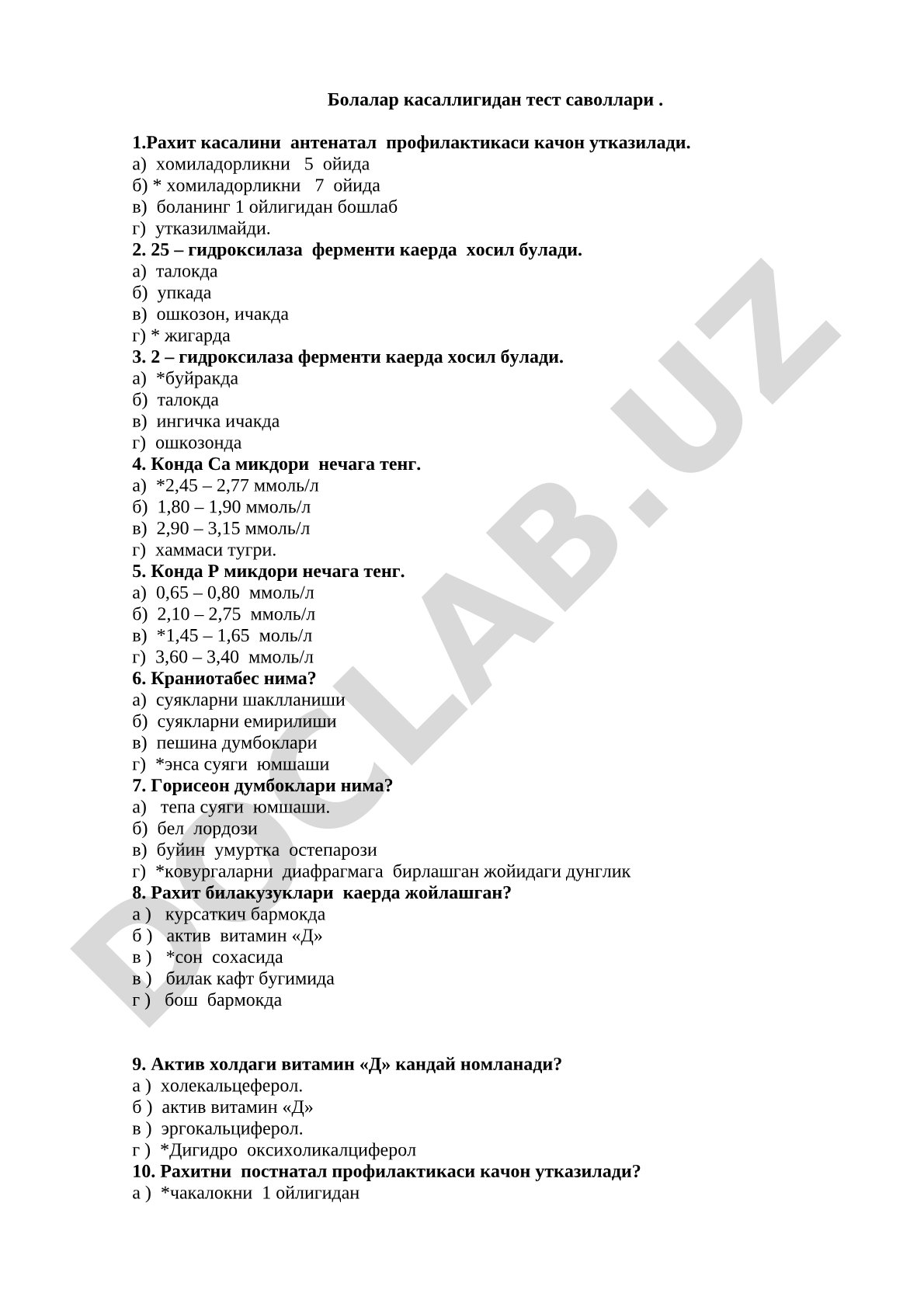 Bolalar kasalligidan test savollari