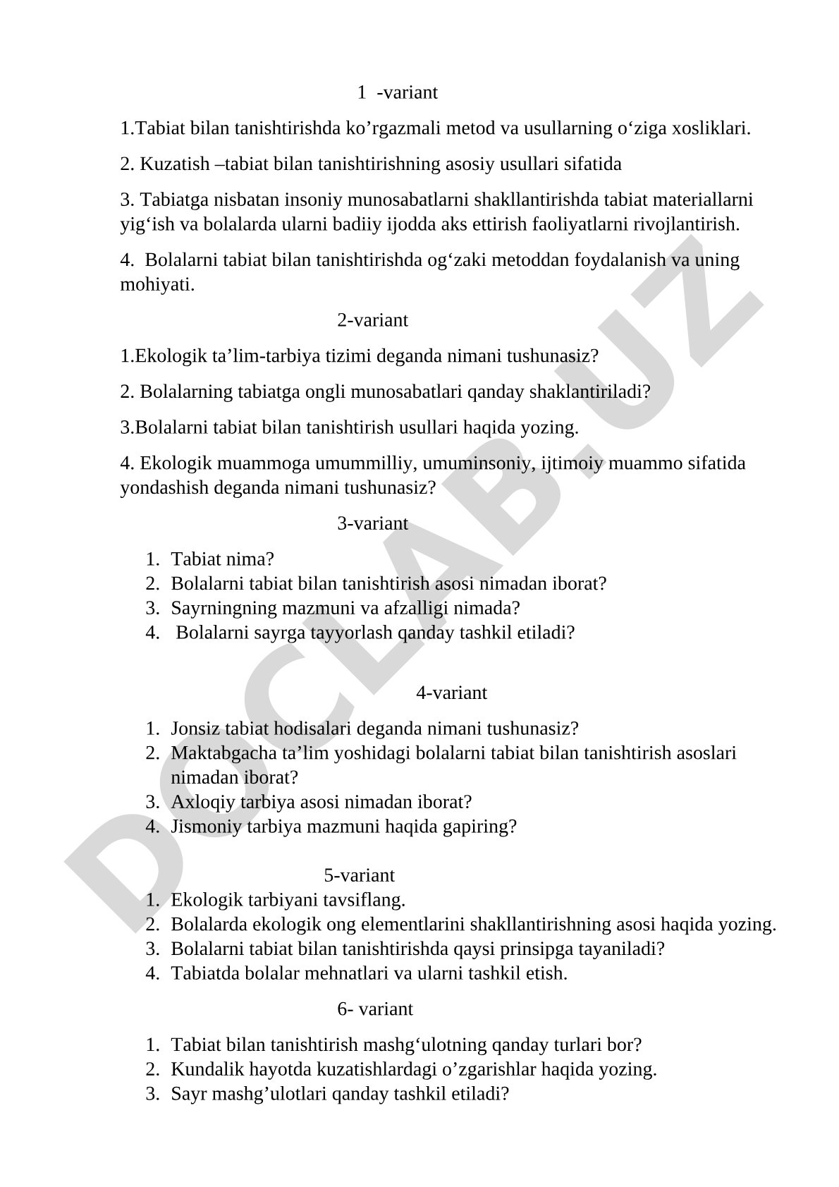 Tabiat bilan tanishtirish va ekologik tarbiya savollari