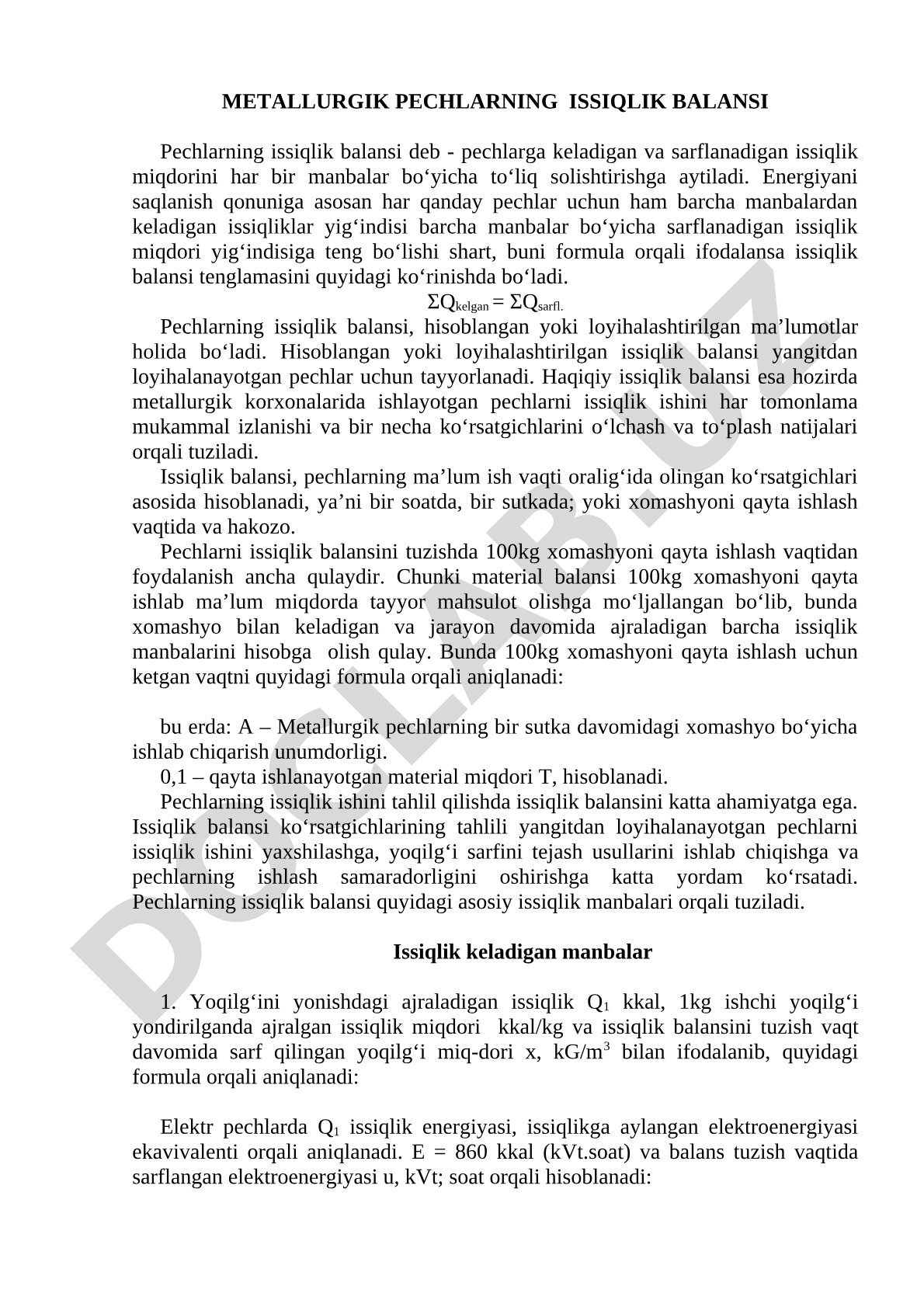 Metallurgik pechlarning issiqlik balansi