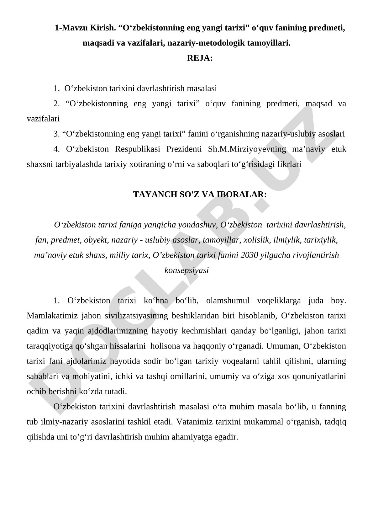 O‘zbekistonning eng yangi tarixi fanining predmeti, maqsadi va vazifalari