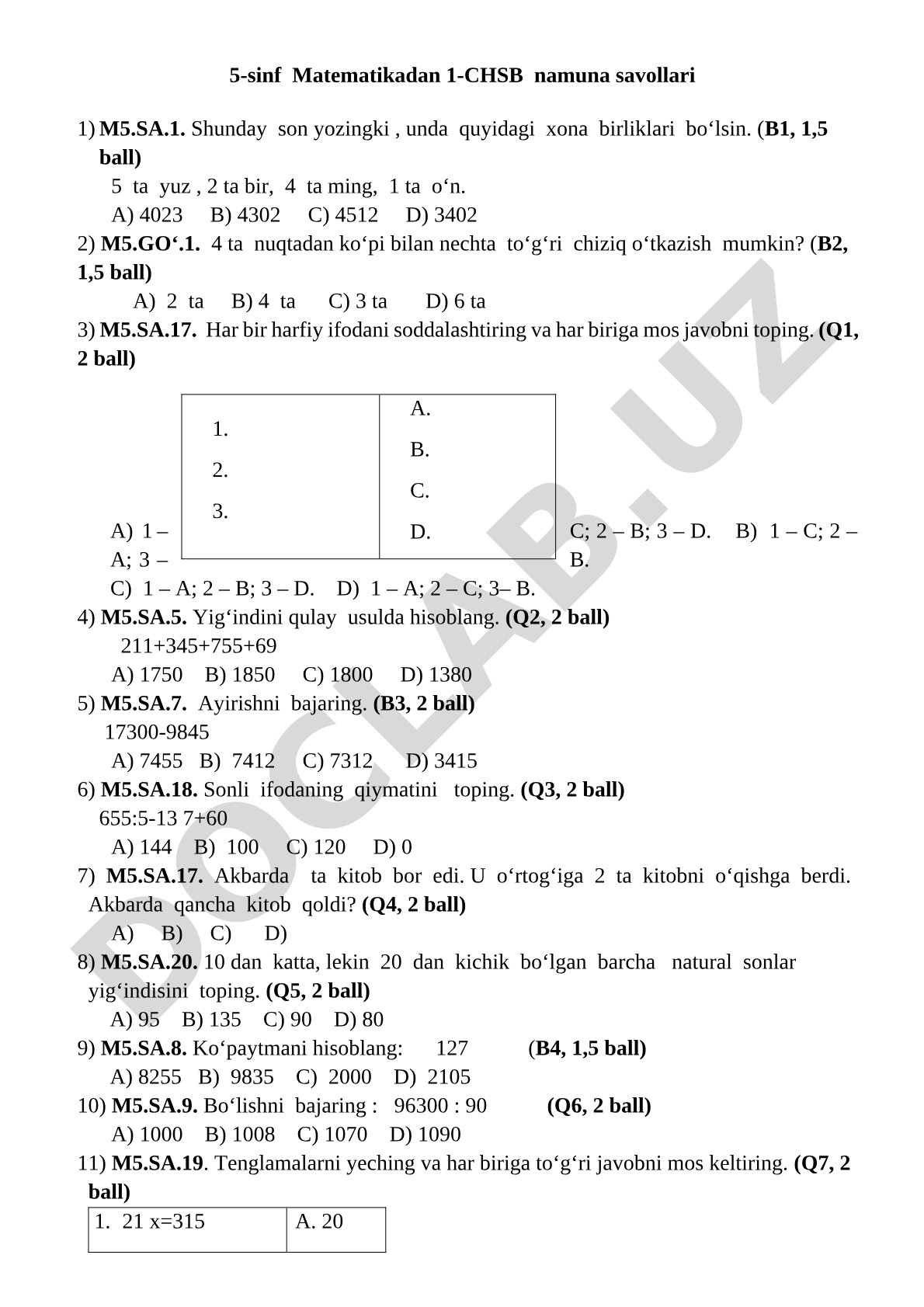 5-sinf Matematikadan 1-CHSB namuna savollari