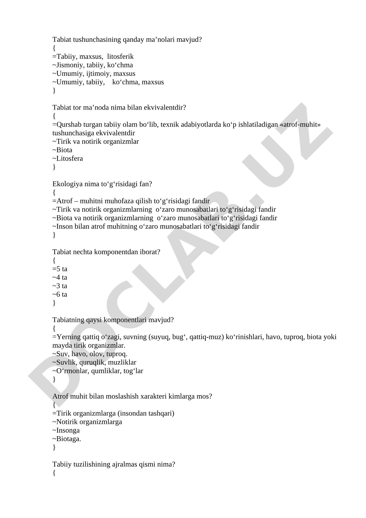 Tabiat va ekologiya bo'yicha test savollari