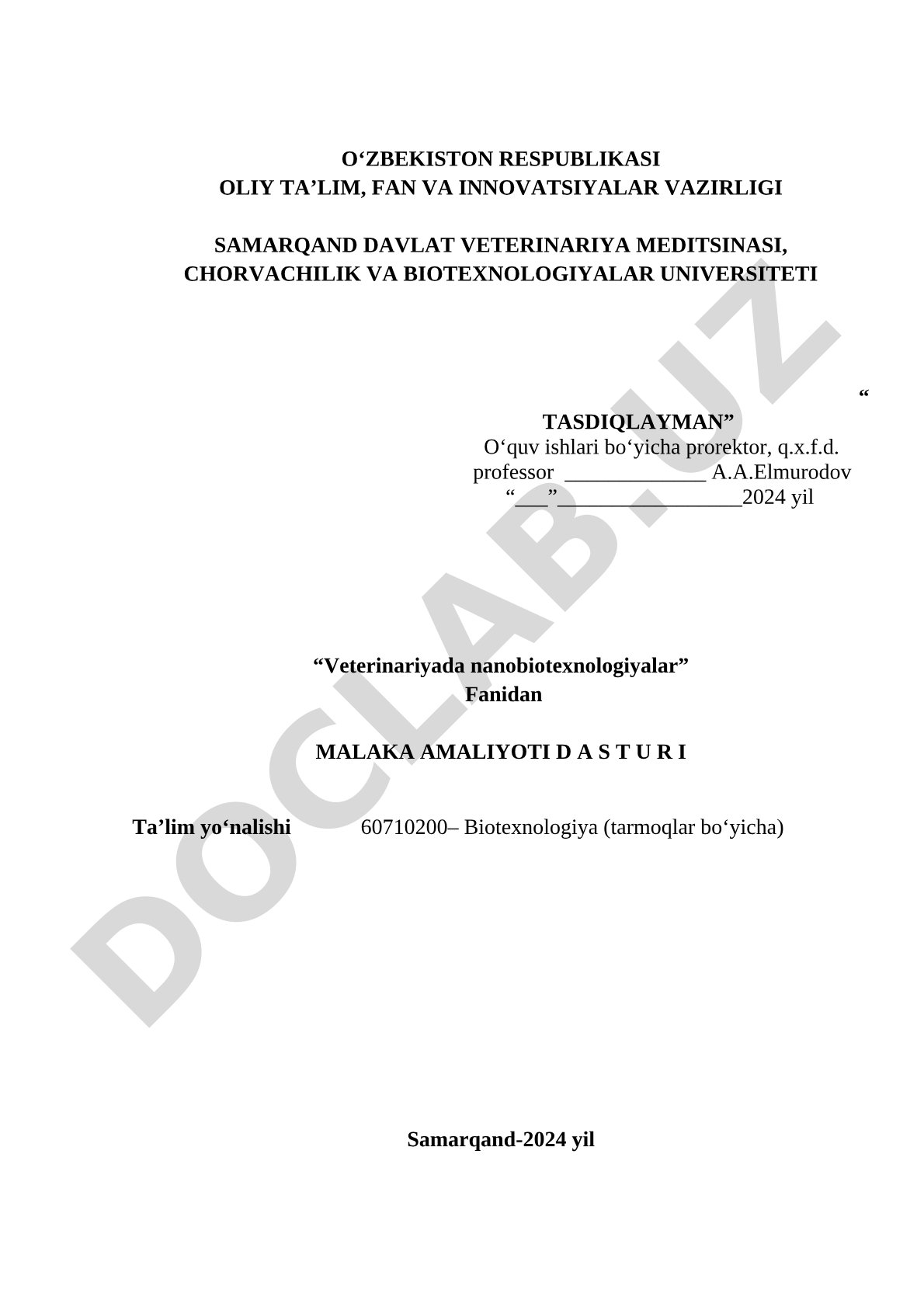 Veterinariyada nanobiotexnologiyalar fanidan malaka amaliyoti dasturi