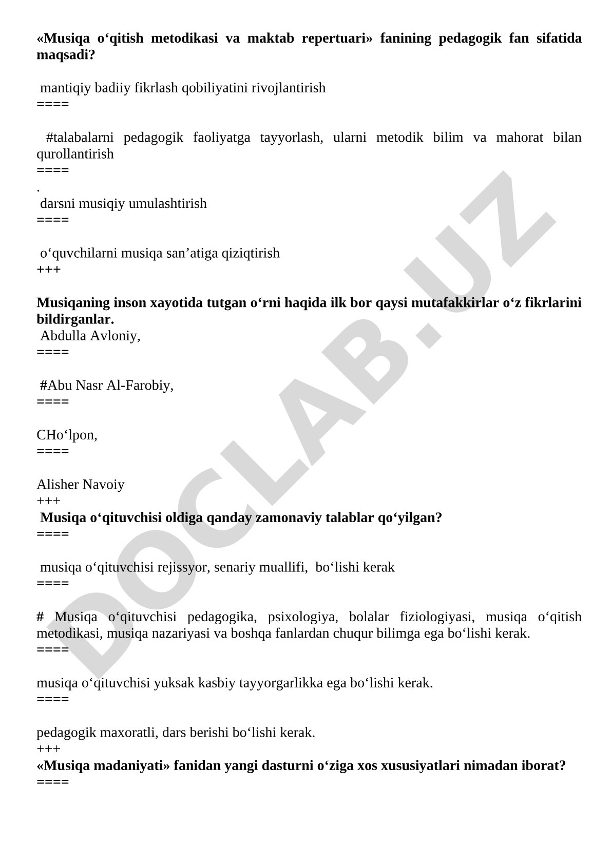 Musiqa o‘qitish metodikasi va maktab repertuari fanidan test savollari