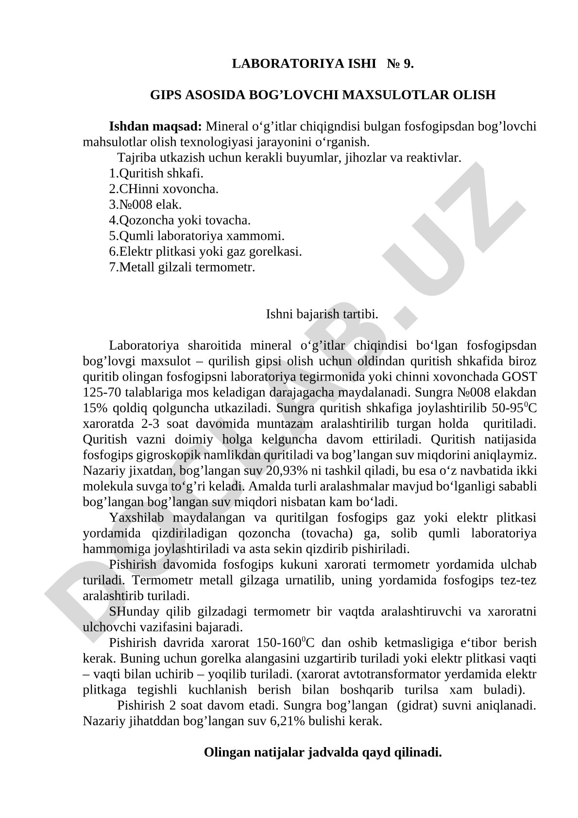 Gips asosida bog'lovchi maxsulotlar olish