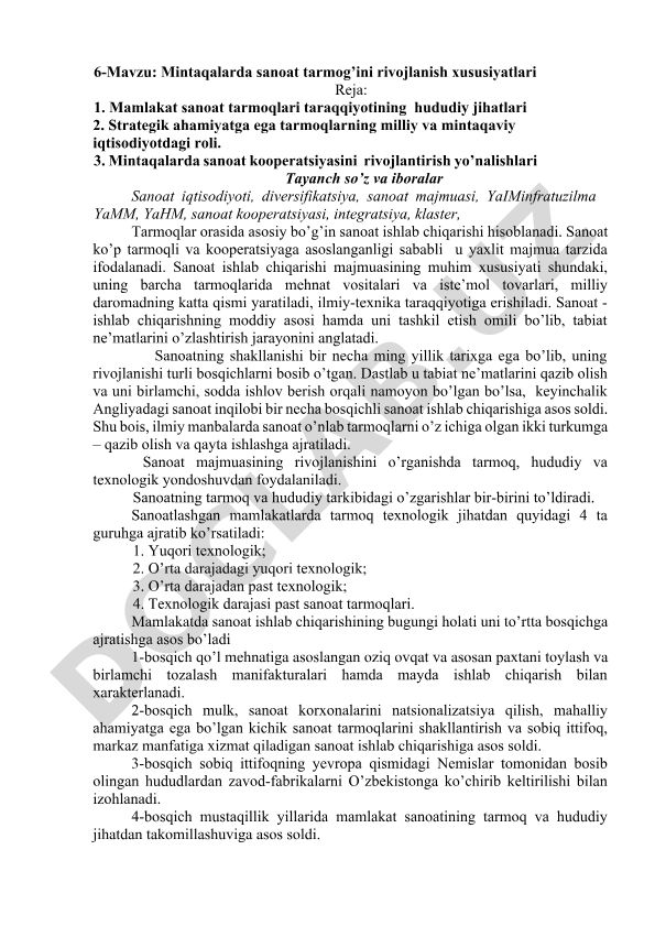 Mintaqalarda sanoat tarmog'ini rivojlanish xususiyatlari