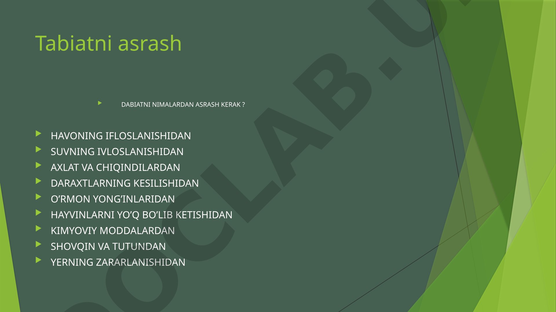 Havoning ifloslanishi, suv, o'rmon, hayvonlarni asrash haqida