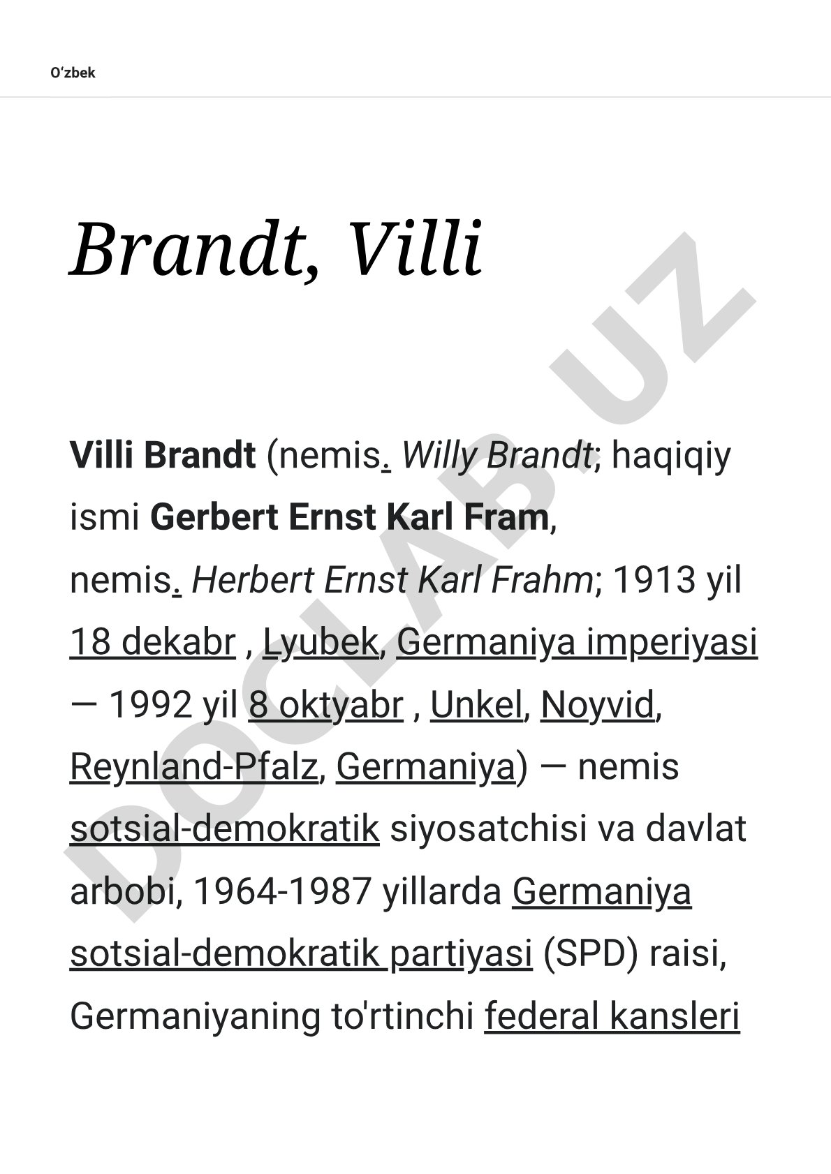 Nemis sotsial-demokrat siyosatchisi Villi Brandtning hayoti va faoliyati haqida