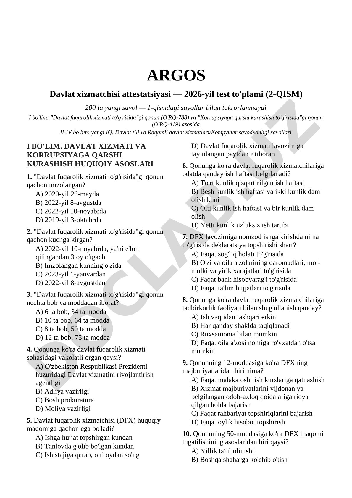 ARGOS Davlat xizmatchisi attestatsiyasi 2026-yil test to'plami (2-qism)