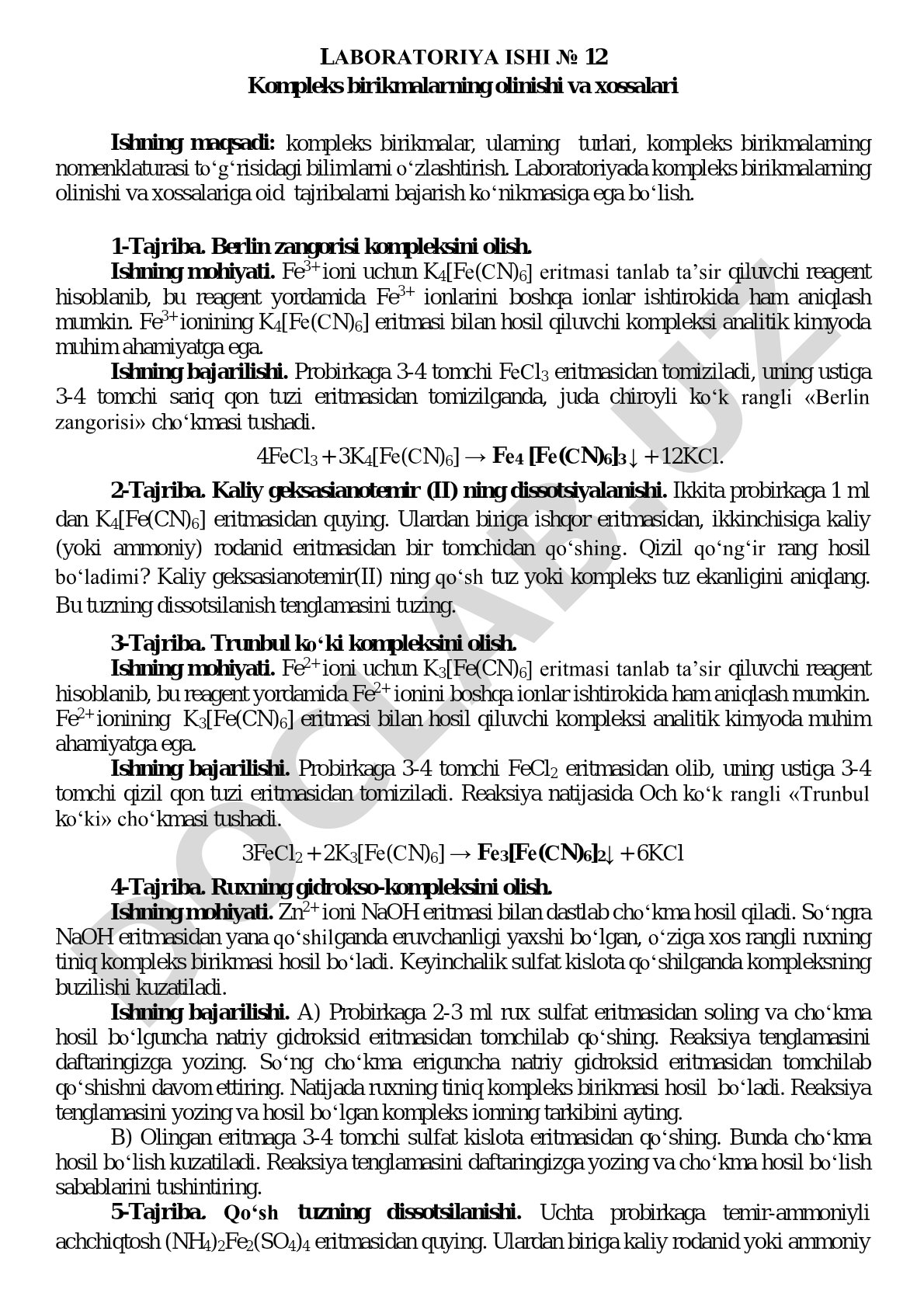 Kompleks birikmalarning olinishi va xossalari
