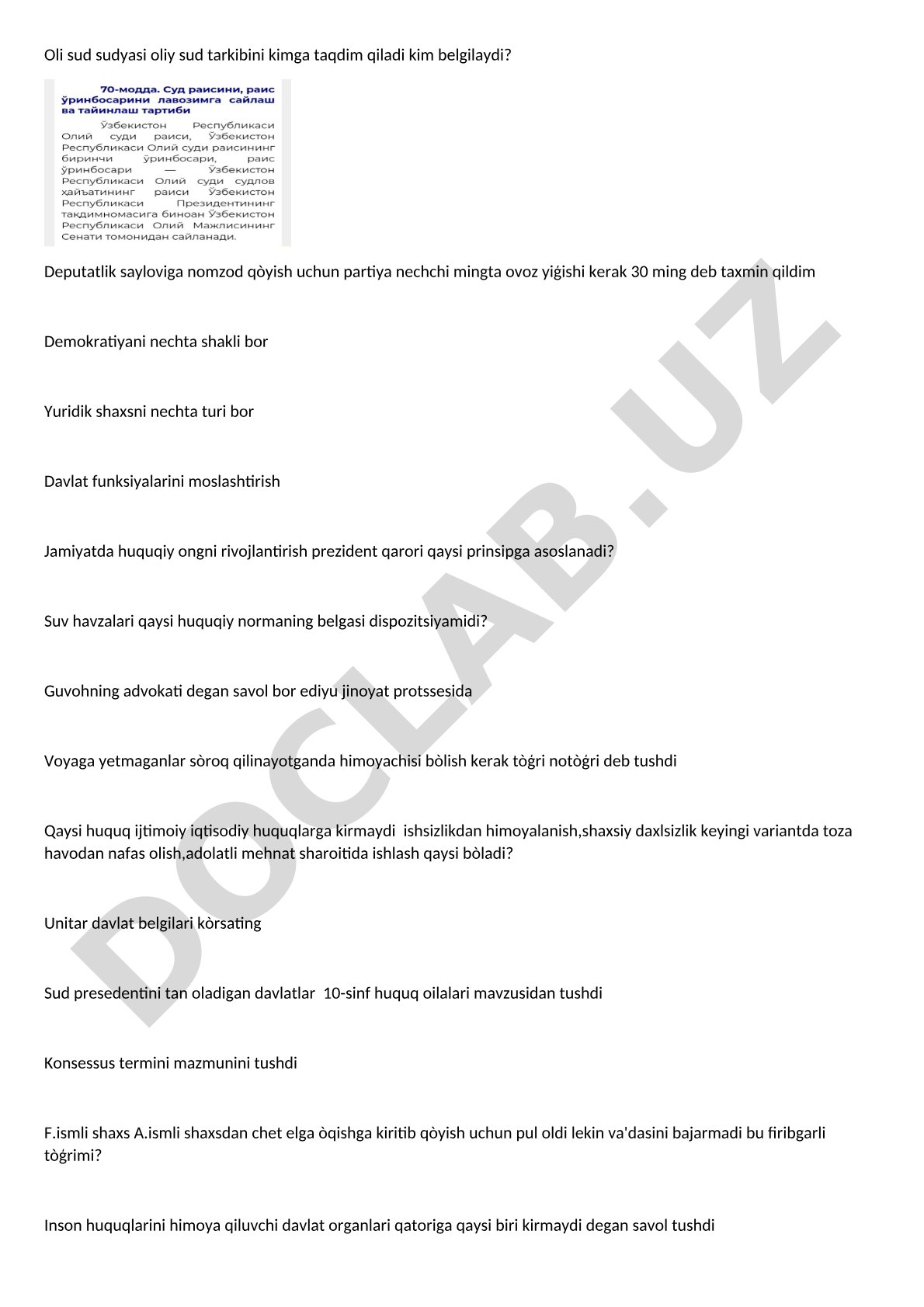 Huquq fanidan test savollari