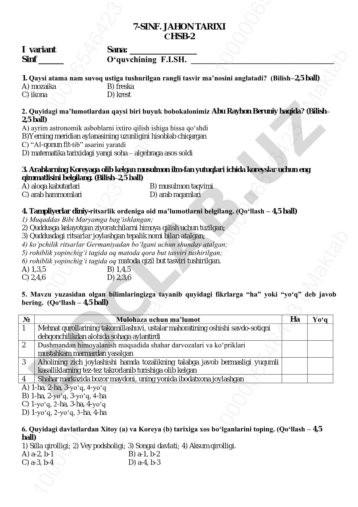 7-sinf Jahon tarixi CHSB-2 test savollari
