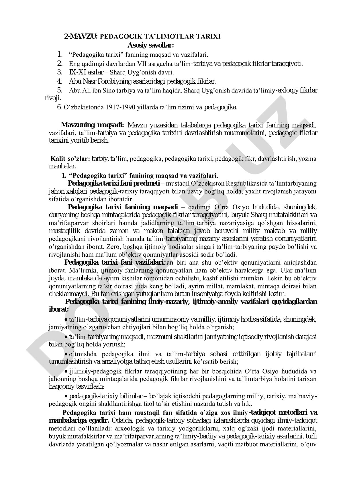 Pedagogika tarixi fanining maqsadi, vazifalari, davrlashtirish va Sharq Uyg'onish davri