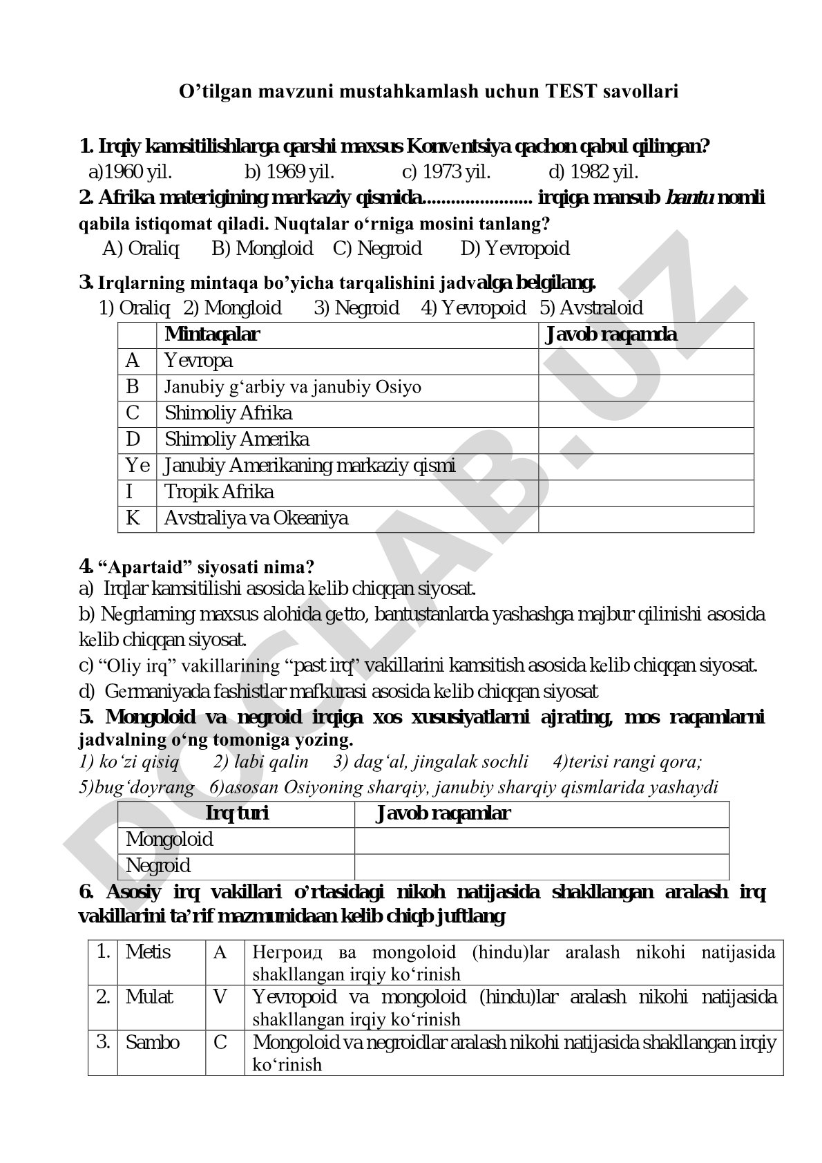 Irqiy kamsitilishlarga qarshi test savollari