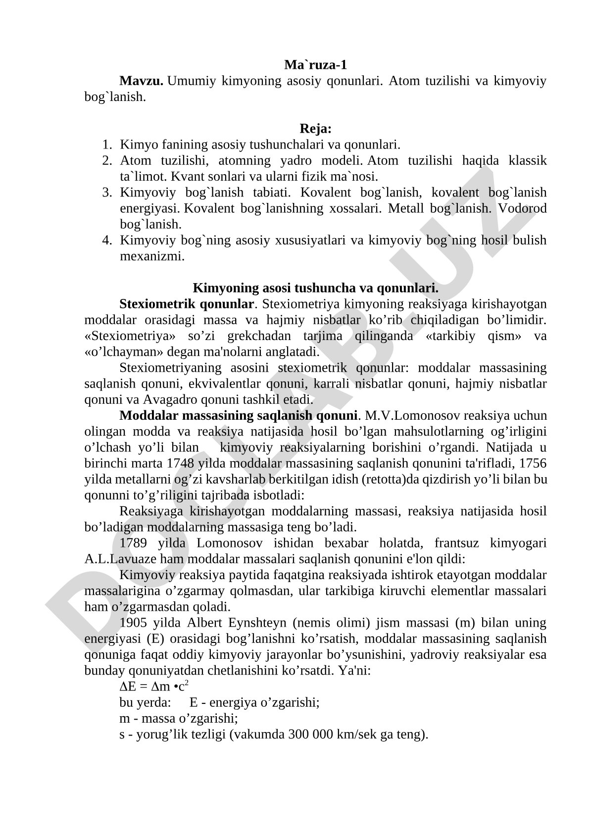 Umumiy kimyoning asosiy qonunlari. Atom tuzilishi va kimyoviy bog`lanish.