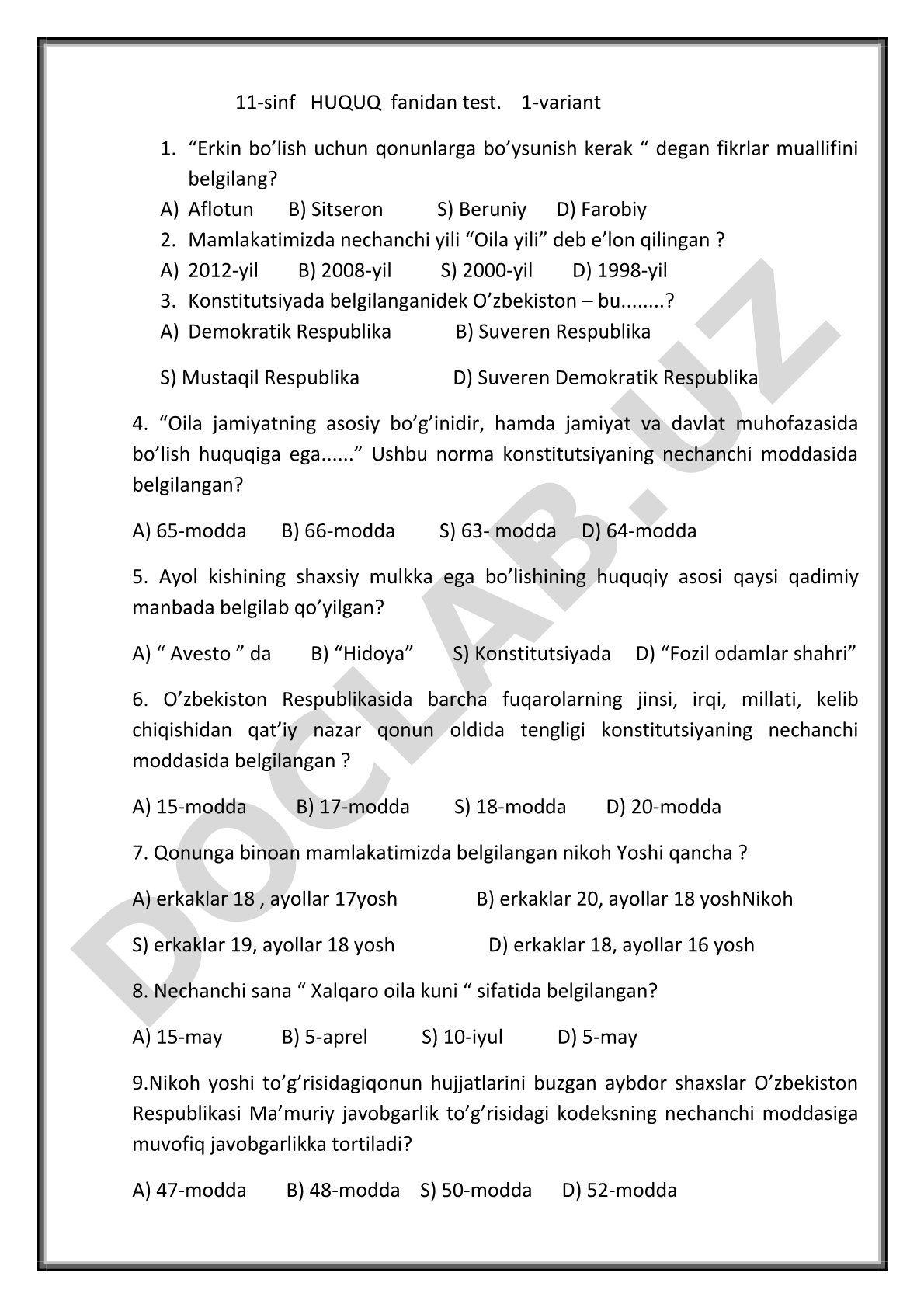 11-sinf HUQUQ fanidan test (1-variant)