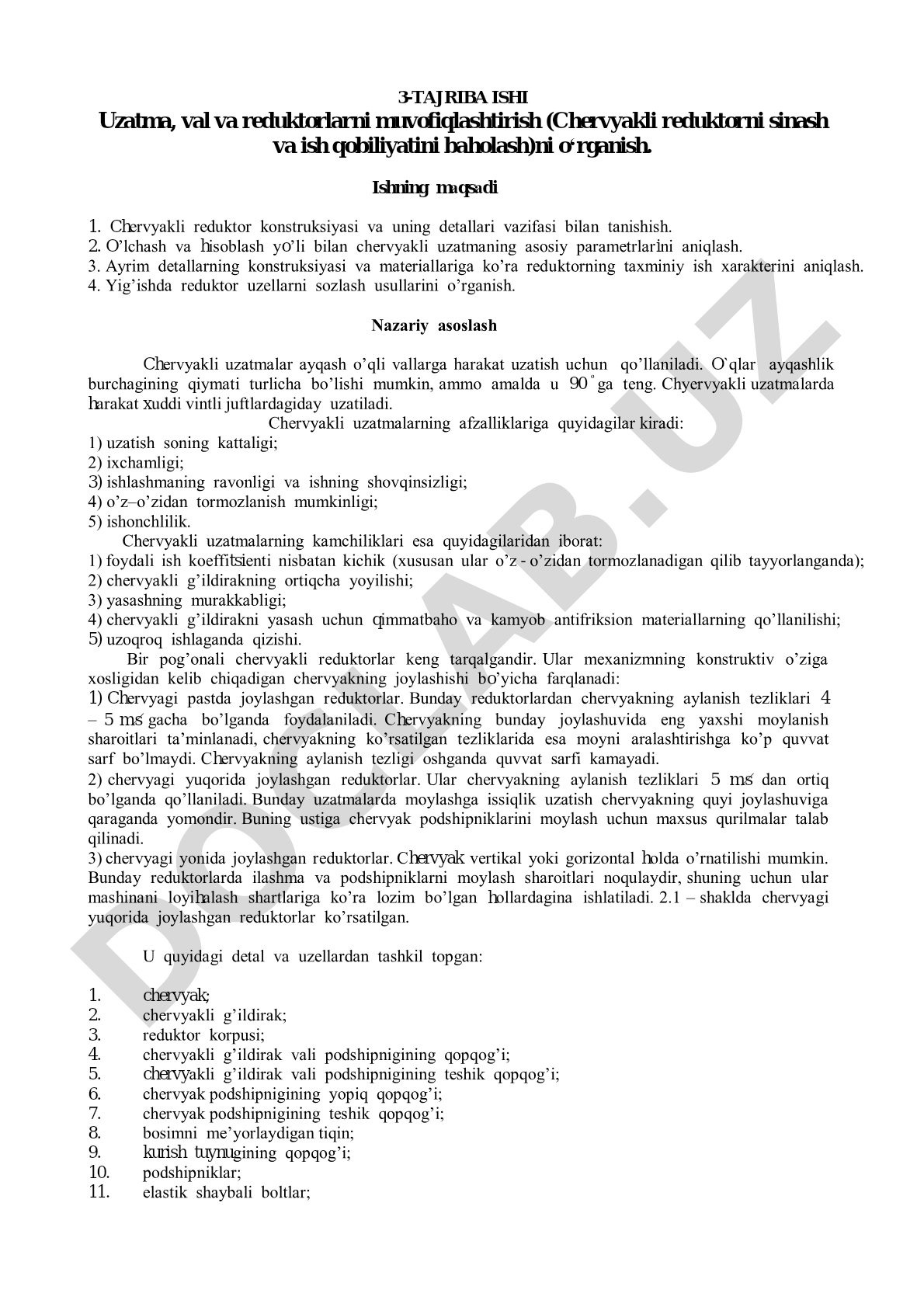 Chervyakli reduktorni sinash va ish qobiliyatini baholash