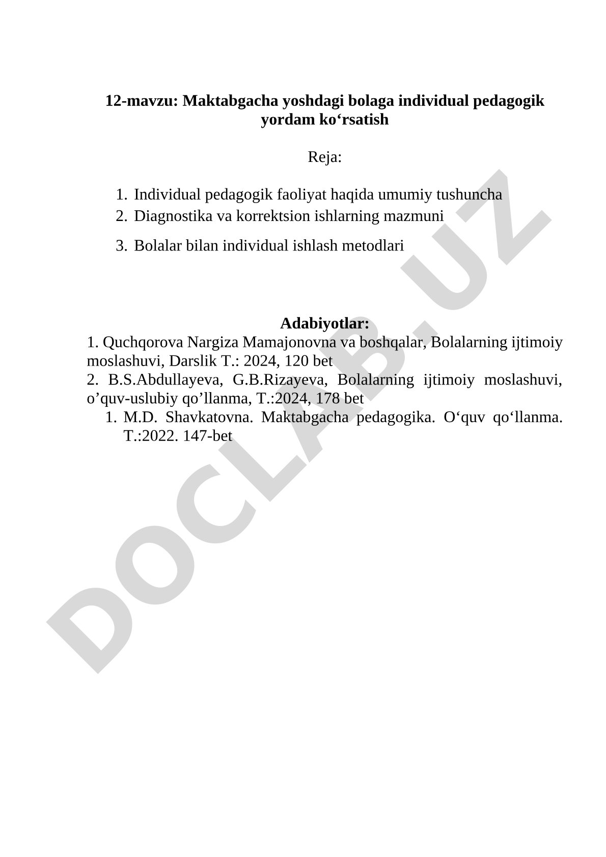 Maktabgacha yoshdagi bolaga individual pedagogik yordam ko‘rsatish