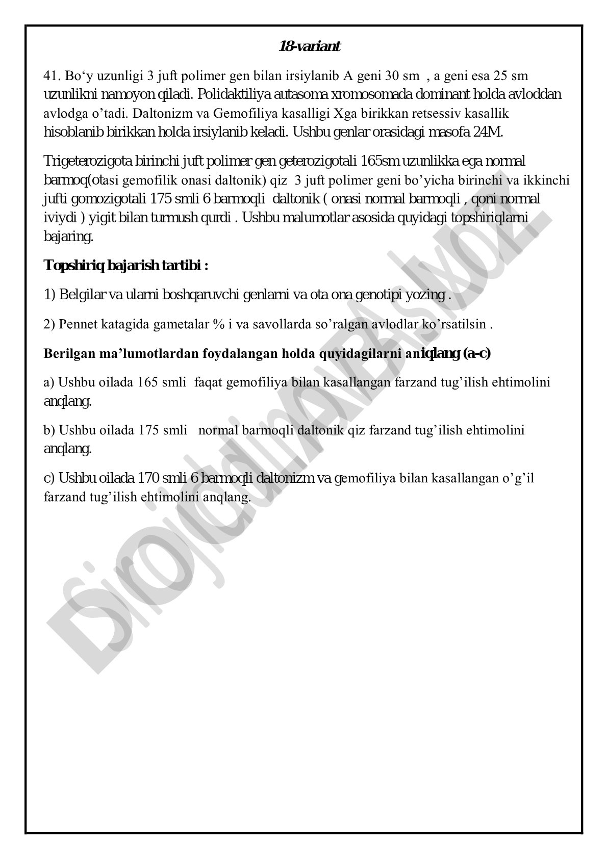 Polimer irsiylanish va jinsga birikkan kasalliklar masalasi