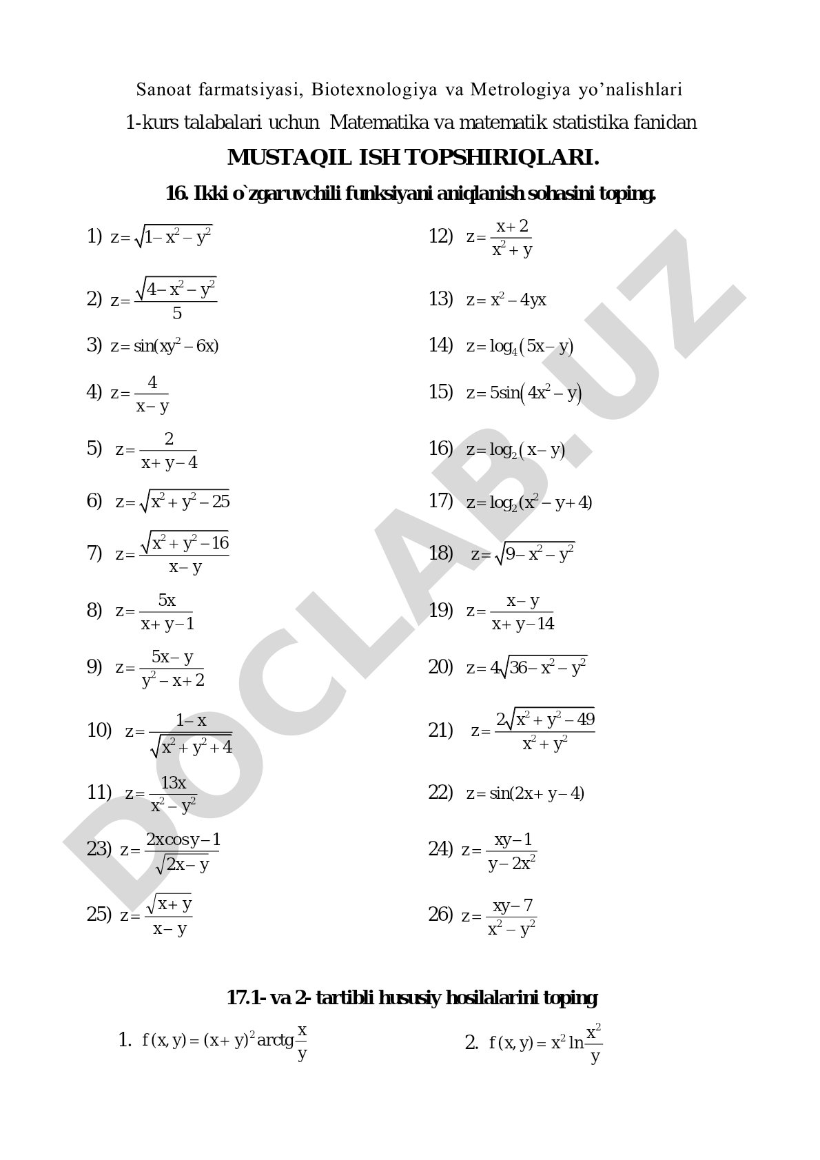 Matematika va matematik statistika fanidan mustaqil ish topshiriqlari