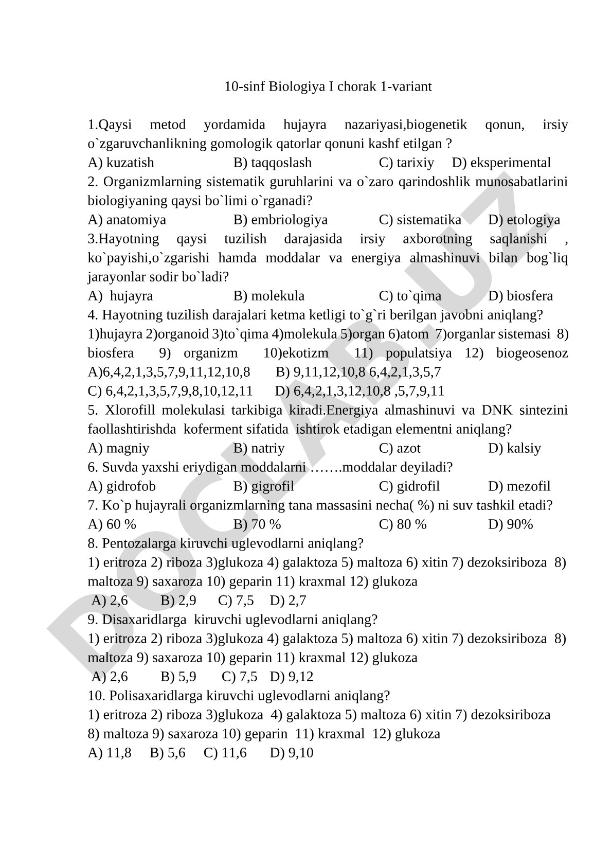 10-sinf Biologiya 1-chorak test savollari