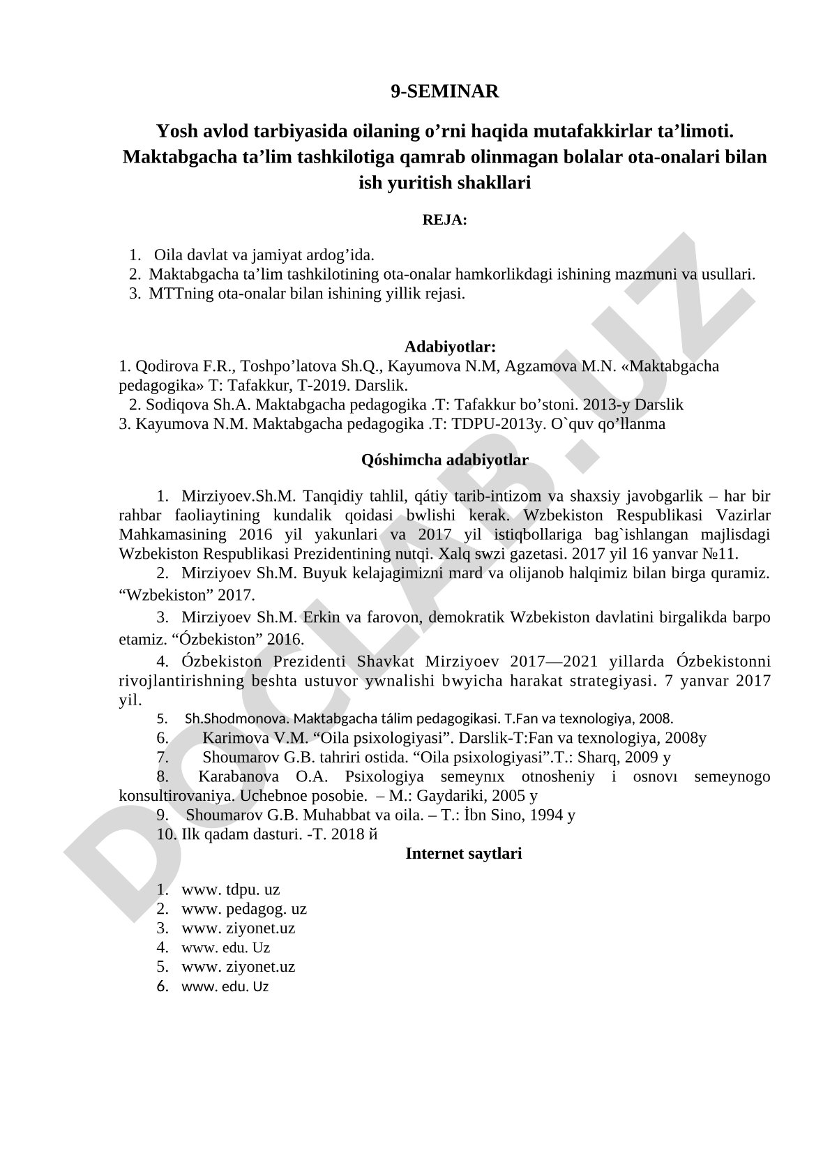 Yosh avlod tarbiyasida oilaning o’rni haqida mutafakkirlar ta’limoti. Maktabgacha ta’lim tashkilotiga qamrab olinmagan bolalar ota-onalari bilan ish yuritish shakllari