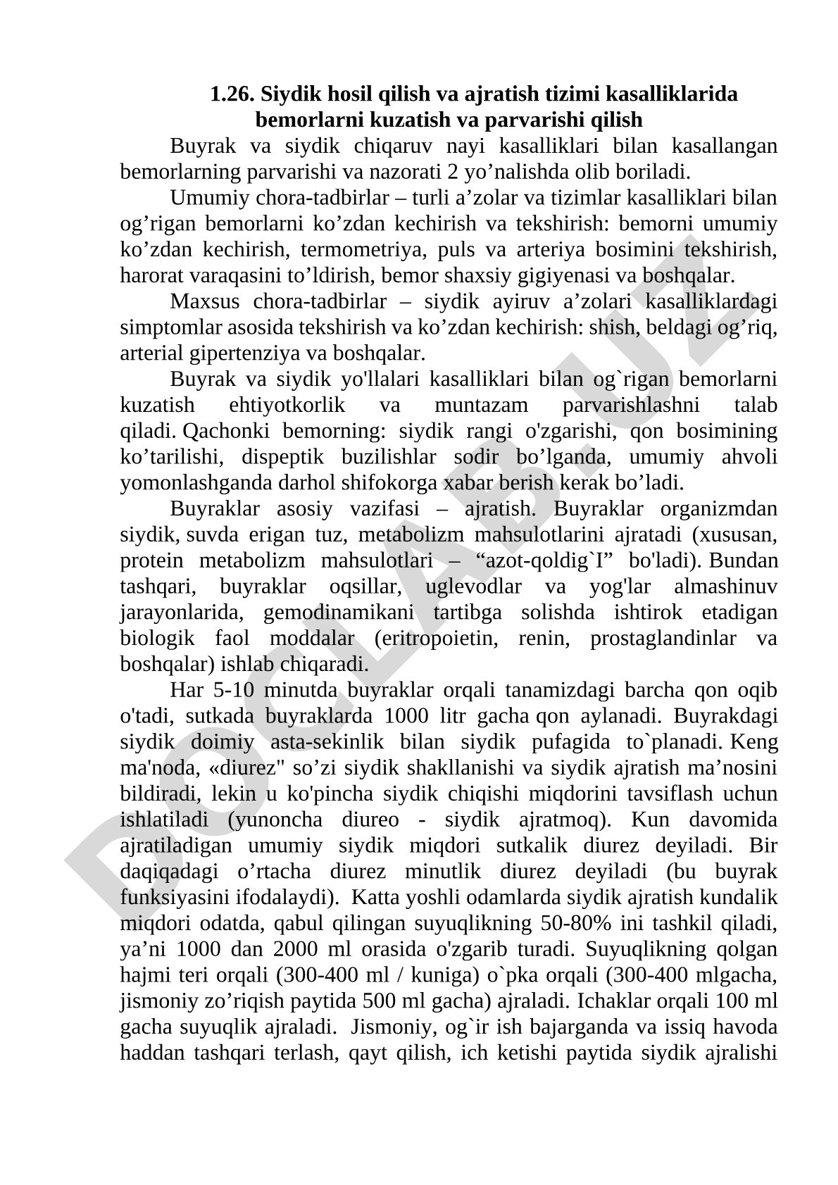 Siydik hosil qilish va ajratish tizimi kasalliklarida bemorlarni kuzatish va parvarishi qilish