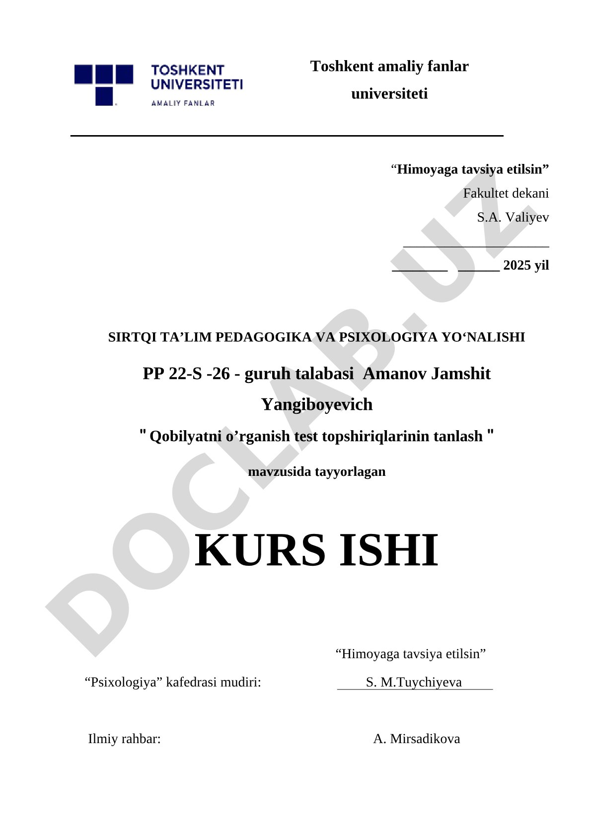 Qobilyatni o’rganish test topshiriqlarinin tanlash