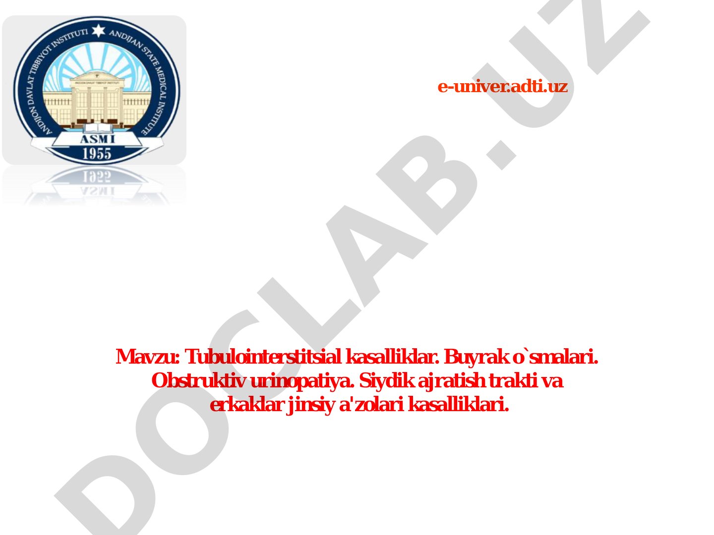 Tubulointerstitsial kasalliklar. Buyrak o`smalari. Obstruktiv urinopatiya. Siydik ajratish trakti va erkaklar jinsiy a'zolari kasalliklari.