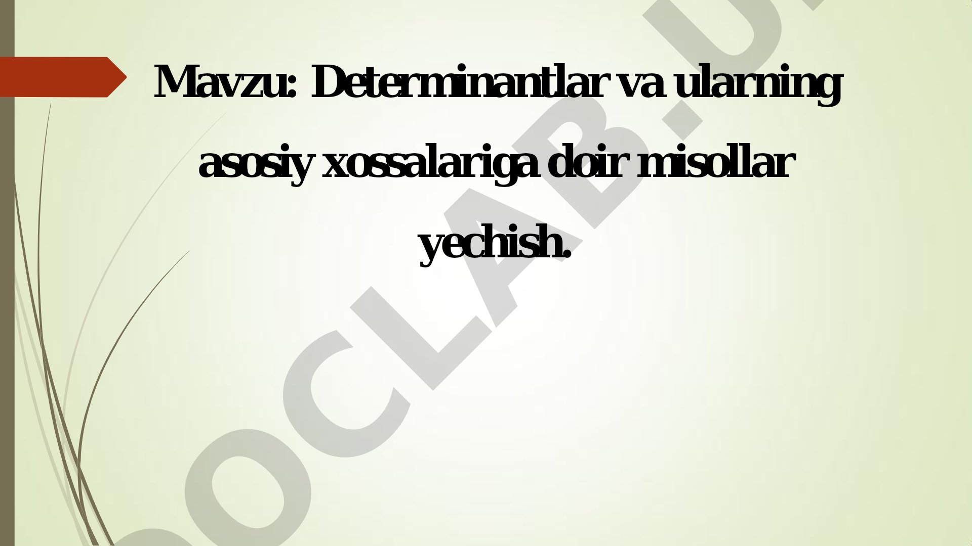 Determinantlar va ularning asosiy xossalariga doir misollar yechish
