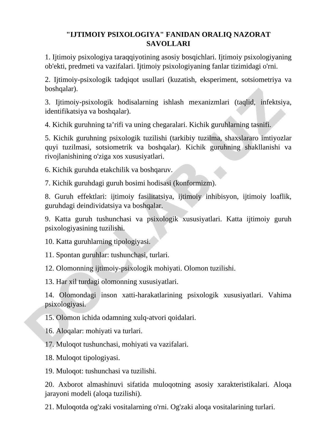 Ijtimoiy psixologiya fanidan oraliq nazorat savollari