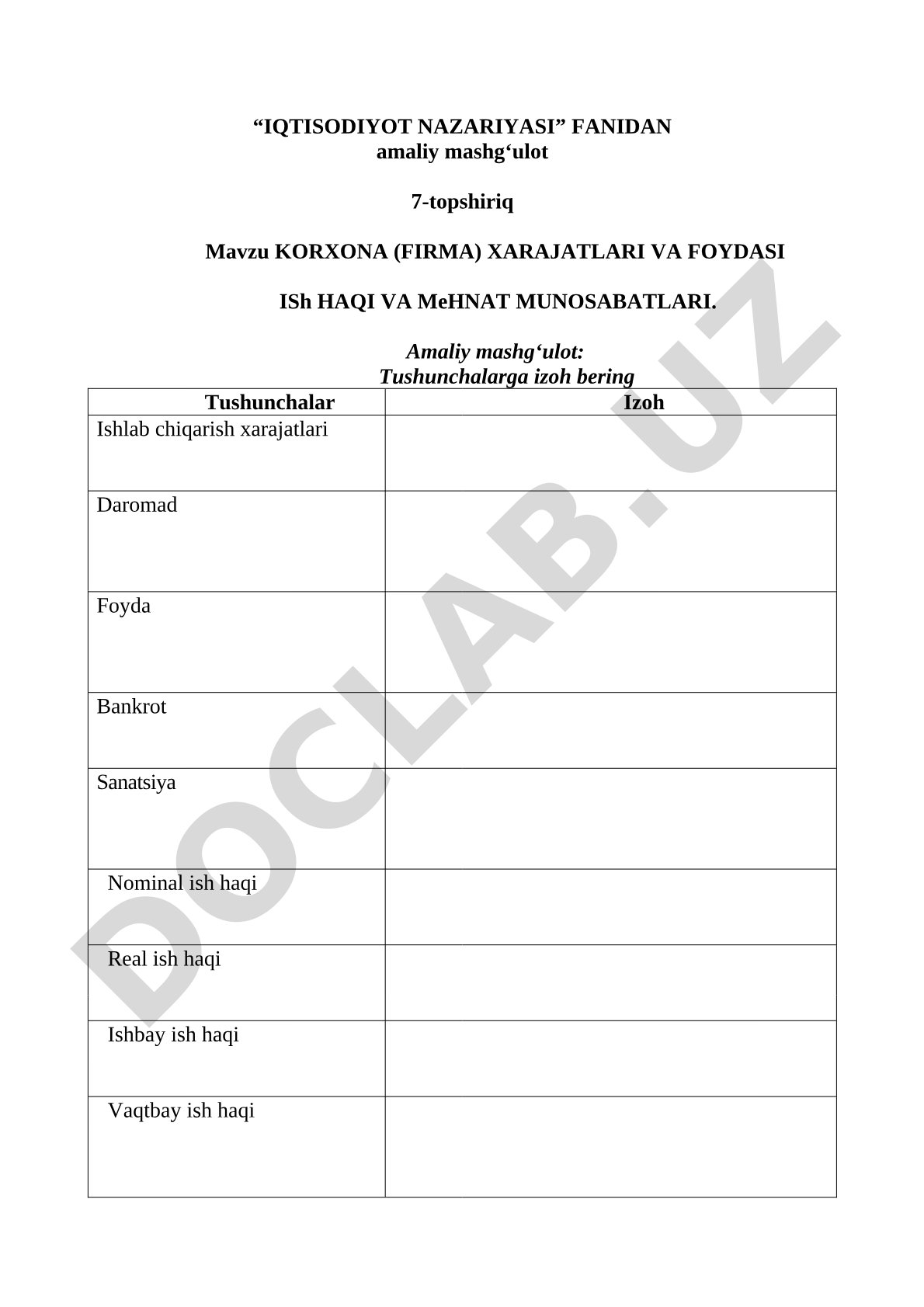KORXONA (FIRMA) XARAJATLARI VA FOYDASI ISh HAQI VA MeHNAT MUNOSABATLARI
