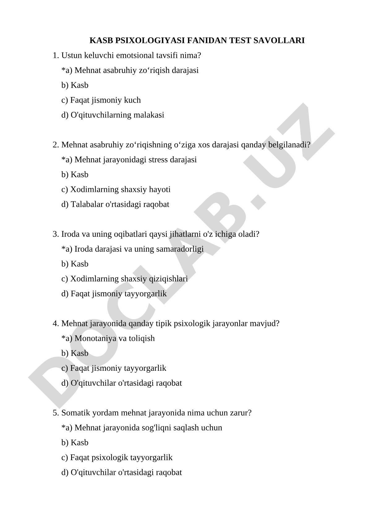 Kasb psixologiyasi fanidan test savollari