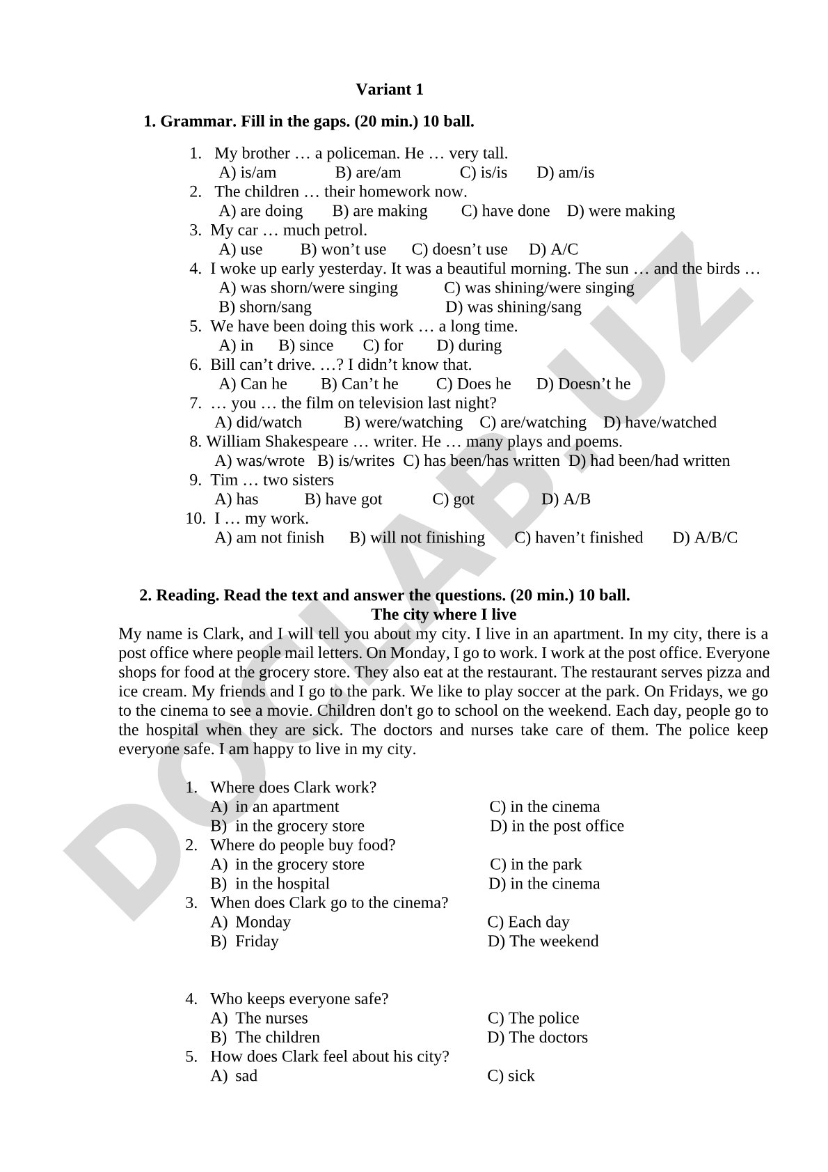 Grammar and Reading Test