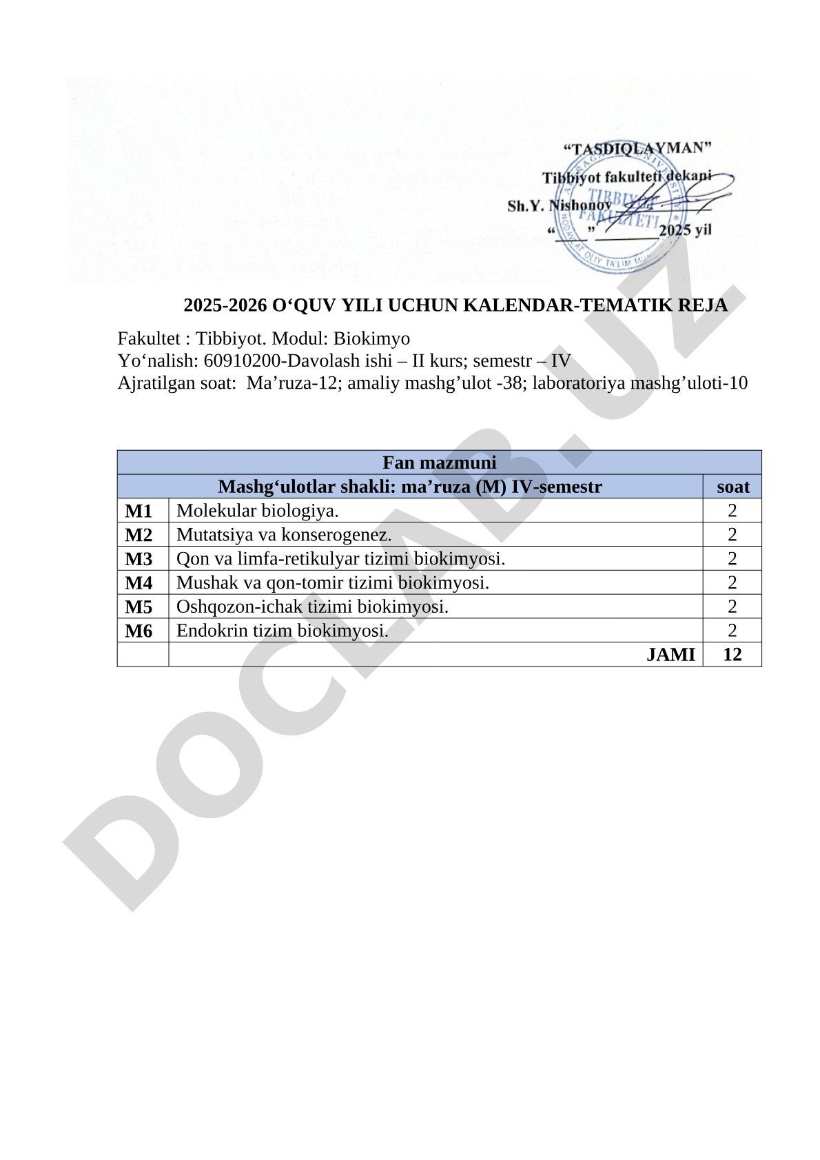 2025-2026 o‘quv yili uchun kalendar-tematik reja: Biokimyo (Tibbiyot fakulteti, Davolash ishi yo‘nalishi)