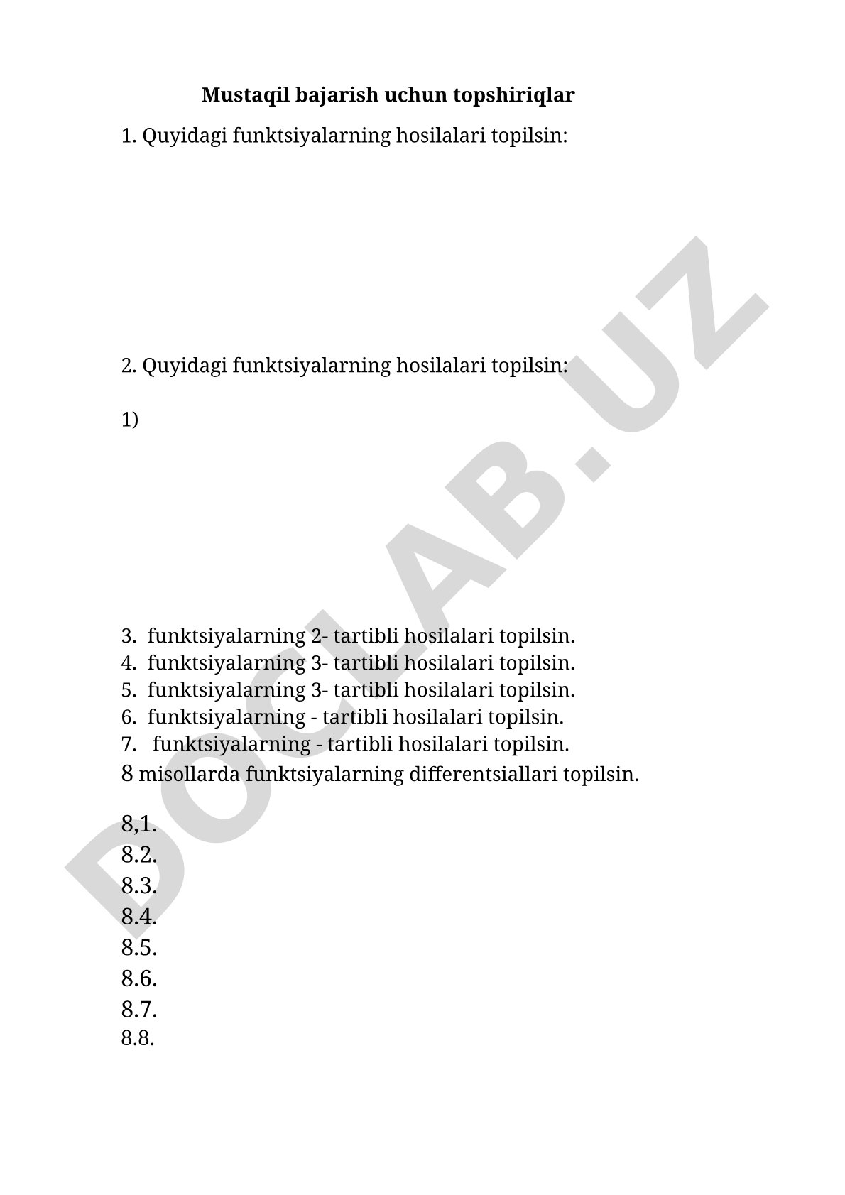 Funksiyalarning hosilalari va differentsiallarini topish topshiriqlari