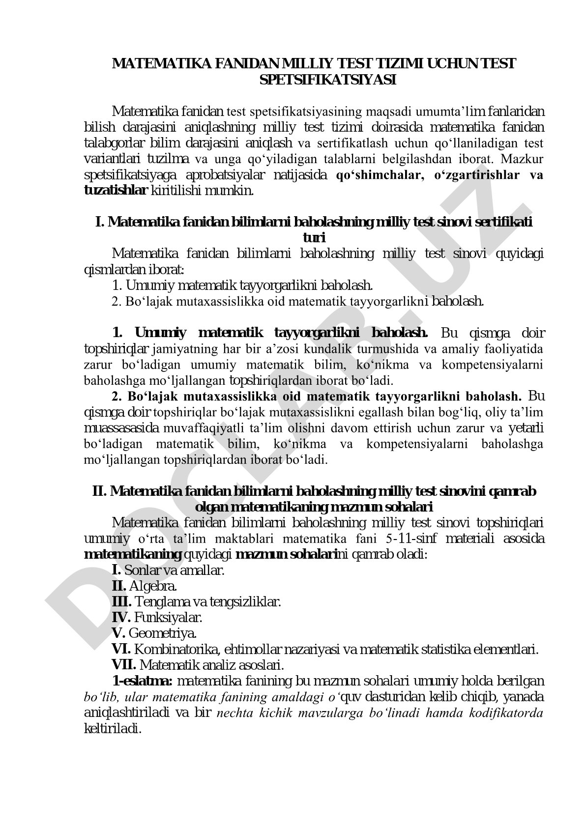 Matematika fanidan milliy test tizimi uchun test spetsifikatsiyasi
