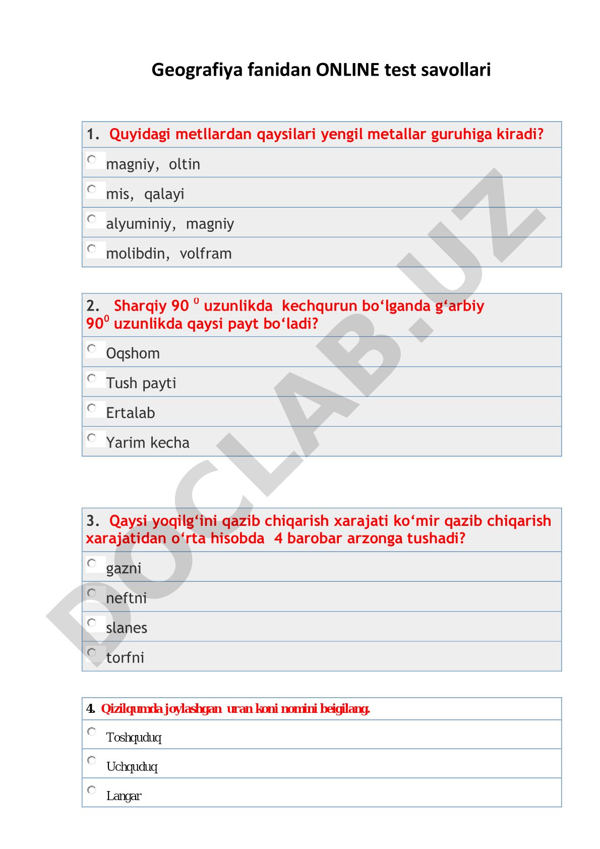 Geografiya fanidan online test savollari