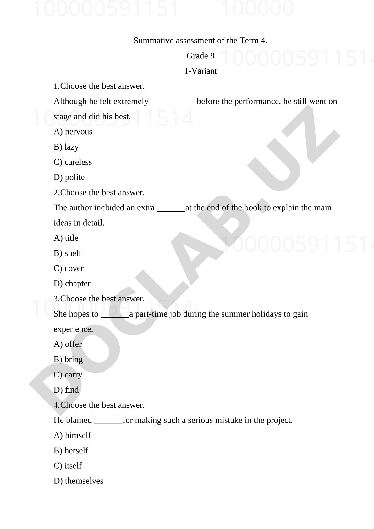 Summative assessment of the Term 4. Grade 9 1-Variant