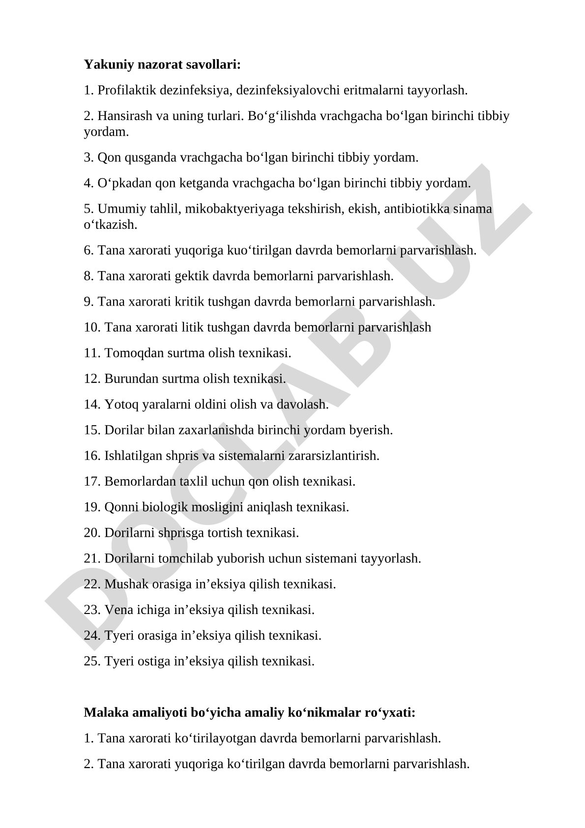 Tibbiyotda yakuniy nazorat savollari