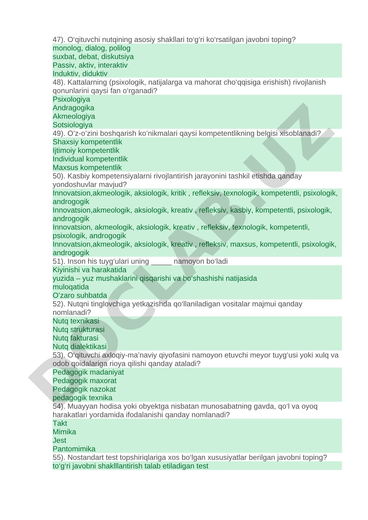 Pedagogika va psixologiyadan test savollari
