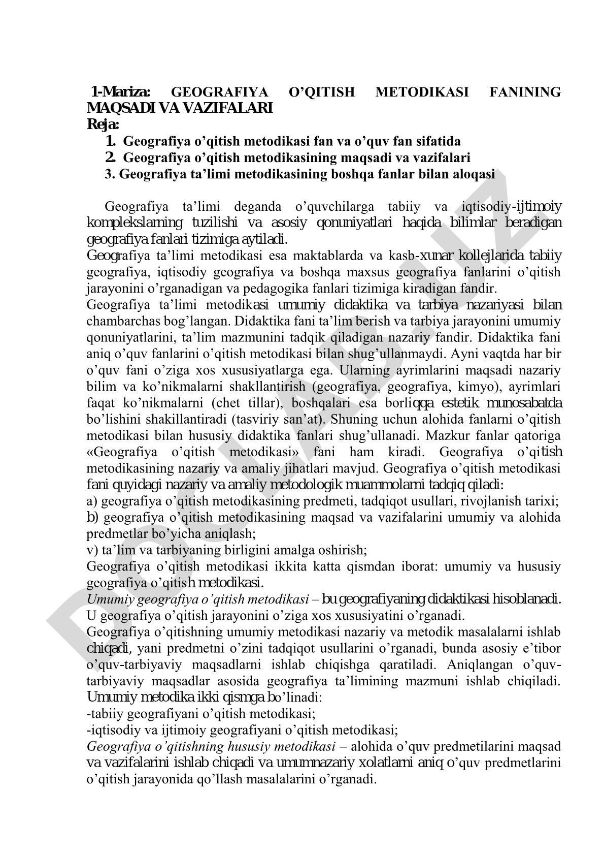 Geografiya o'qitish metodikasi fanining maqsadi va vazifalari