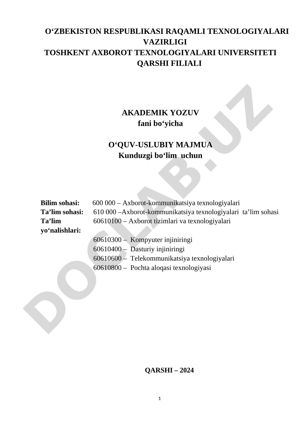 Akademik yozuv fani bo'yicha o'quv-uslubiy majmua