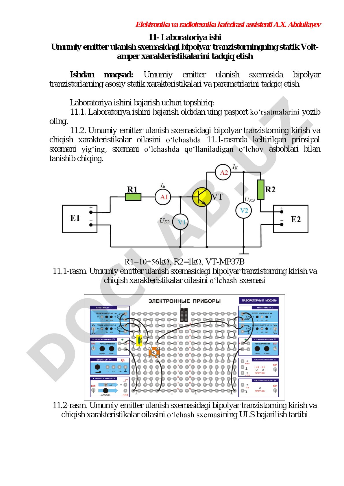 Umumiy emitter ulanish sxemasidagi bipolyar tranzistorning statik Volt-amper xarakteristikalarini tadqiq etish