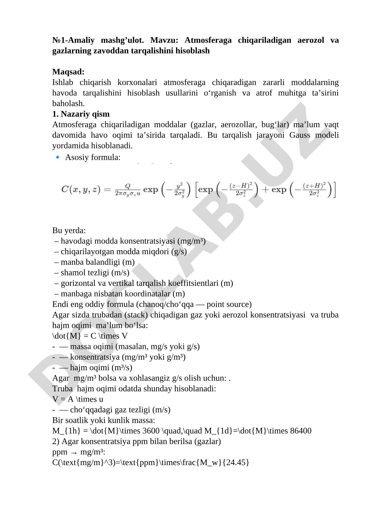 Atmosferaga chiqariladigan aerozol va gazlarning zavoddan tarqalishini hisoblash Maqsad: Ishlab chiq
