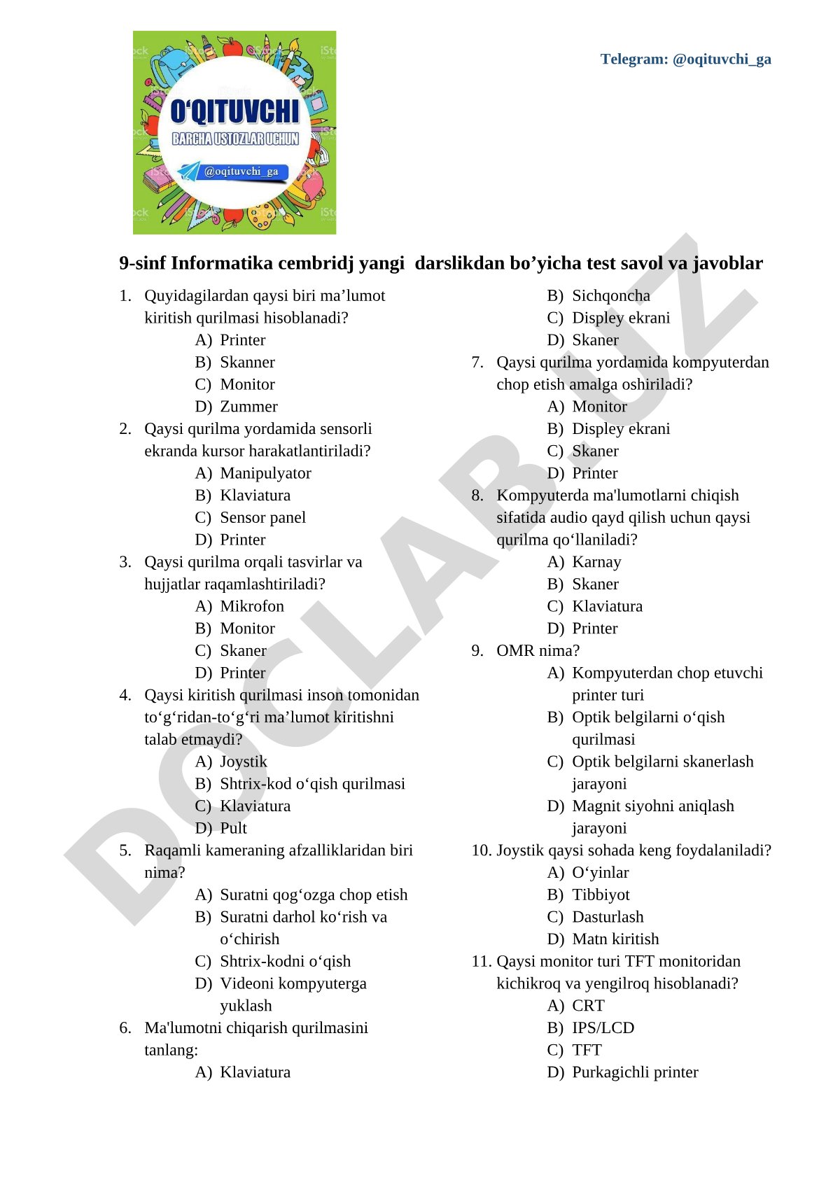 9-sinf Informatika cembridj yangi darslikdan bo’yicha test savol va javoblar