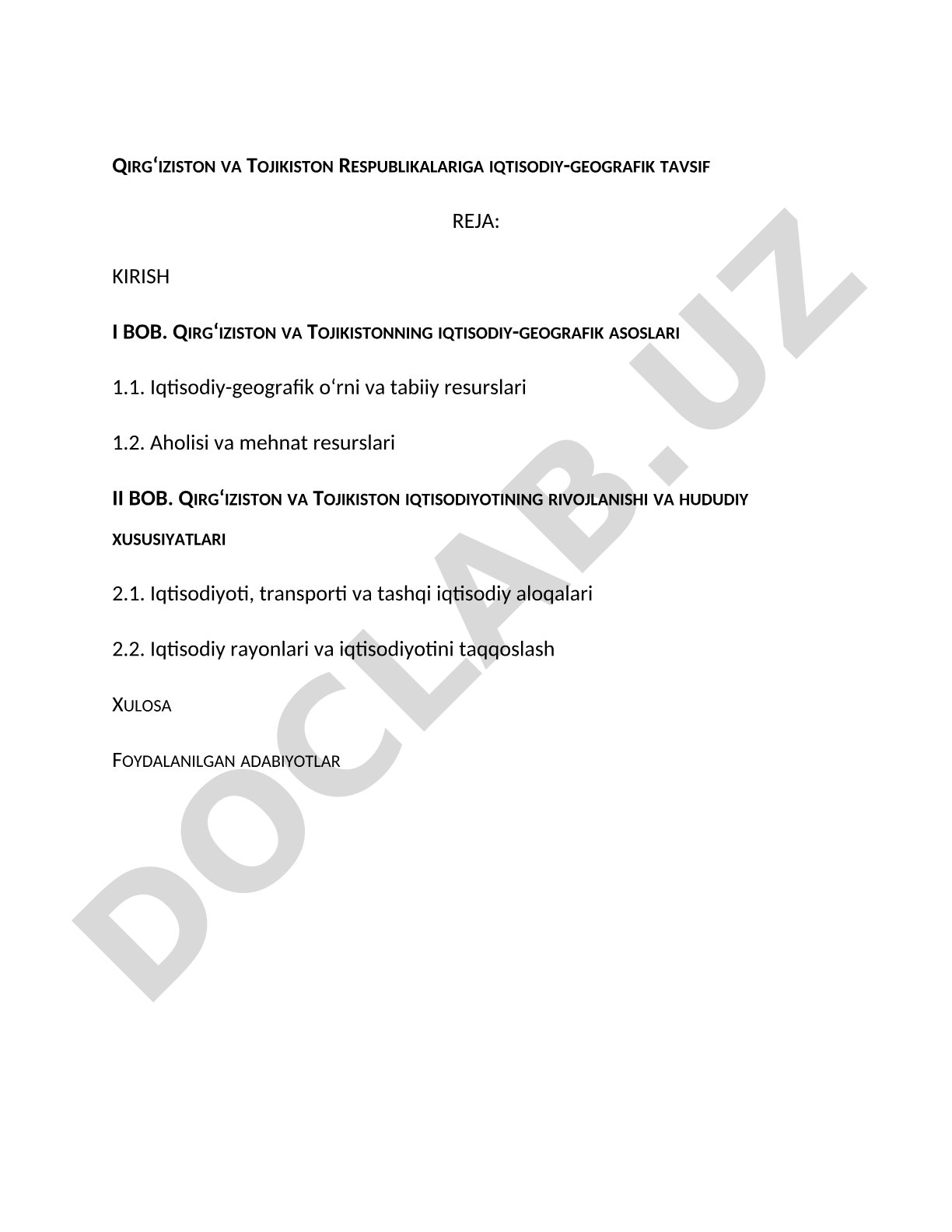 Qirgʻiziston va Tojikiston Respublikalariga iqtisodiy-geografik tavsif