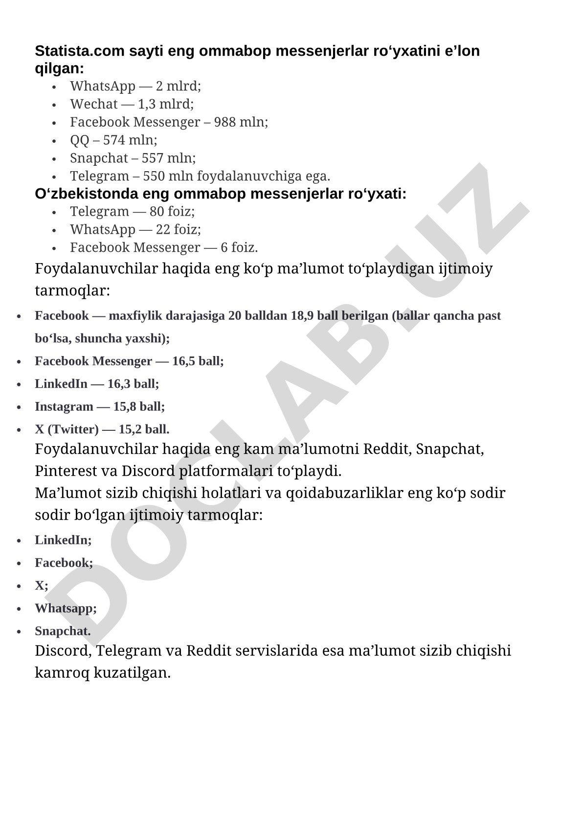 Messenjerlar va ijtimoiy tarmoqlar statistikasi