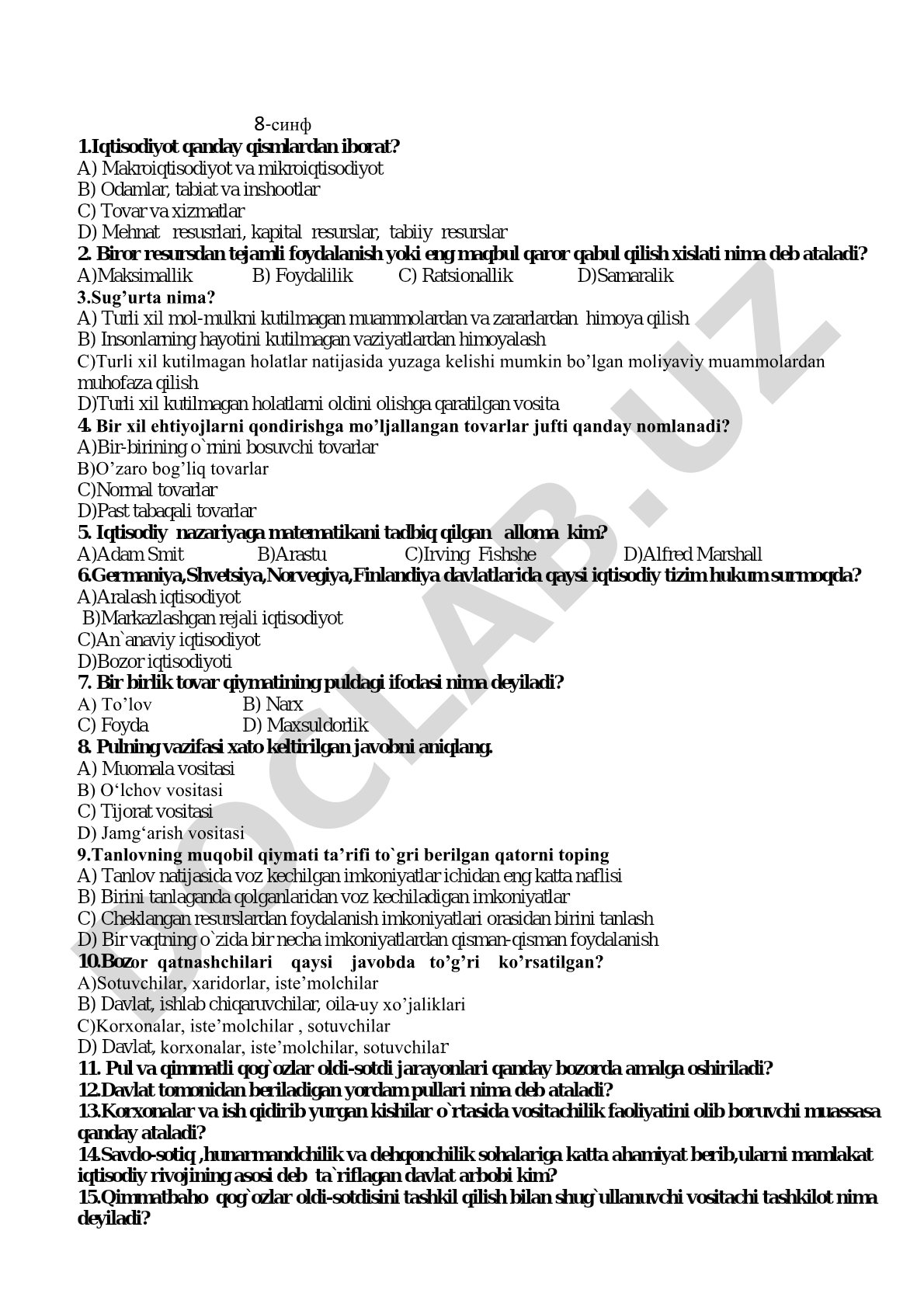 Iqtisodiyot fanidan 8-sinf test savollari
