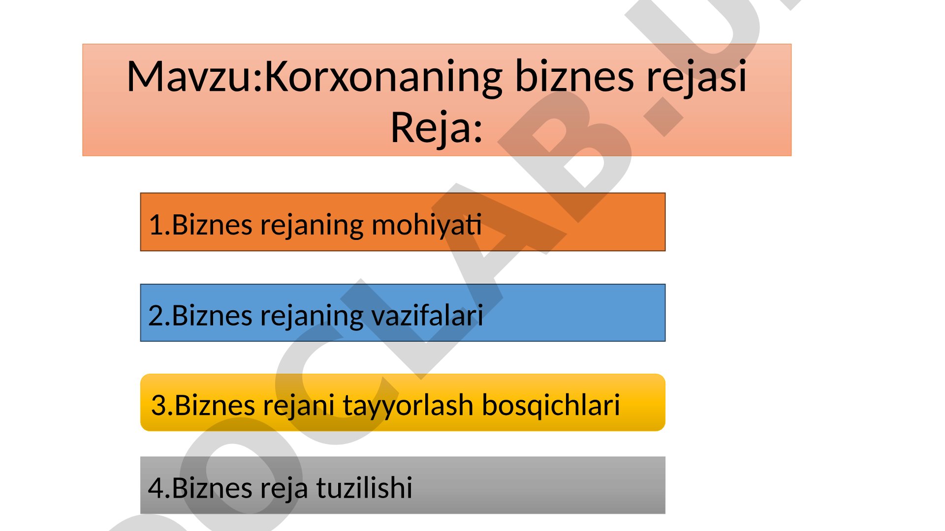 Biznes rejaning mohiyati, vazifalari, tayyorlash bosqichlari va tuzilishi haqida taqdimot